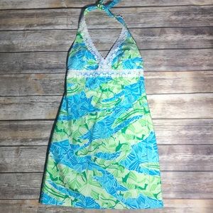 Lilly Pulitzer Blue and Green Alligator Alley Halter Dress (Style: Cocoa)